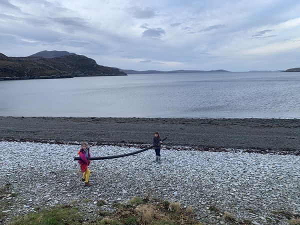 Tilda and aoife from the blue starfish pod found a fishfarm feed pipe on ardmair beach this morning…. 😕 